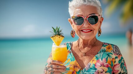 A woman in a floral dress holding a glass of pineapple juice. She is smiling and wearing sunglasses