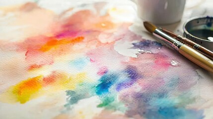 Obraz premium Colorful Watercolor Palette on Painting Pad with Brushes and Mixing Supplies for Artistic Expression and Creative Focus