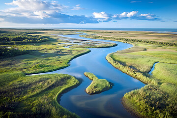 Aerial view of a serene river winding through a vibrant green landscape under a bright blue sky, creating a peaceful and picturesque scene