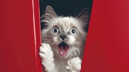 Delightful Cat Expressing Surprise Behind a Vibrant Red Backdrop