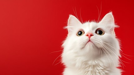 Majestic White Cat Looking Upward Against Vibrant Red Background