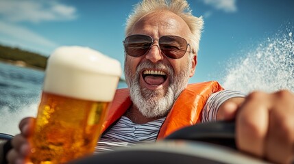 A man in an orange life jacket is driving a boat while holding a beer. He is smiling and he is having a good time