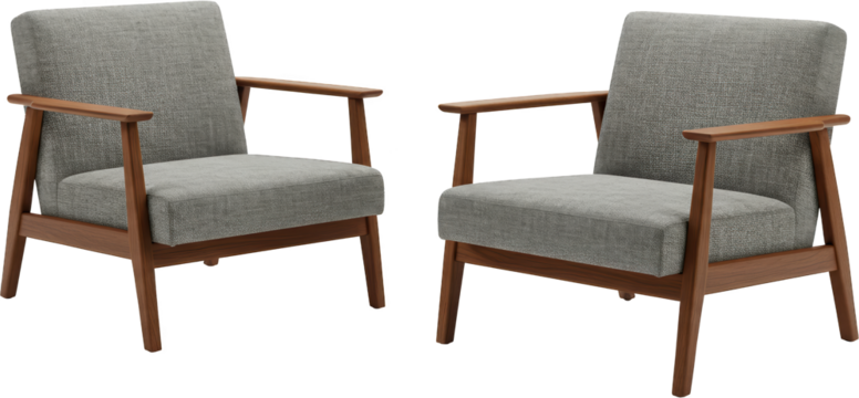 A Pair of Stylish Mid Century Modern Armchairs in Gray Fabric and Walnut Wood