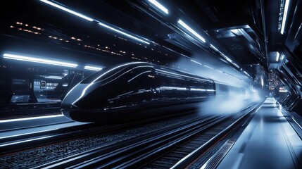Fototapeta premium Futuristic Modern Train Station with Sleek Design, Steel Tracks, and High-Tech Departure Scene in a Dynamic Urban Environment