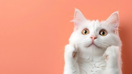 Charming White Cat with Curious Expression on Soft Peach Background
