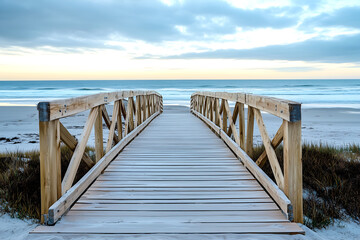 Fototapeta premium Wooden footbridge leading towards the serene ocean and beach, evoking tranquility and a sense of journey against a beautiful cloudy sky background