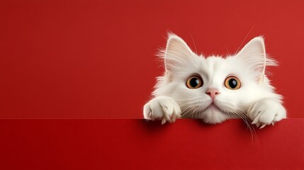 Curious White Cat Peeking Over Bright Red Background in Studio Setting