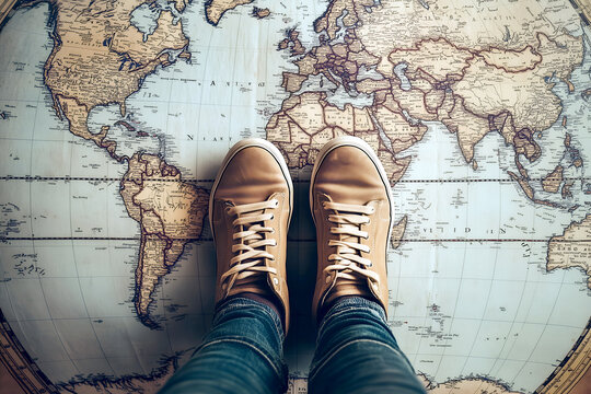 Feet in sneakers standing on a vintage world map, depicting travel and global exploration, capturing a sense of adventure and wanderlust - Powered by Adobe