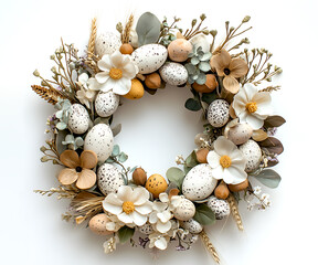 Obraz premium Easter wreath with speckled eggs and delicate spring flowers forming a beautiful seasonal circular composition, perfect for adding a touch of rustic elegance to any holiday&nbsp;celebration