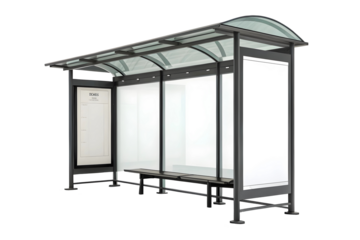 Modern Bus Shelter with Glass Roof and Bench on Light Background.
