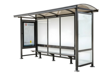 Modern Bus Shelter with Glass Roof and Bench on Light Background.