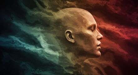 Abstract portrait of a bald head with flowing colors background art
