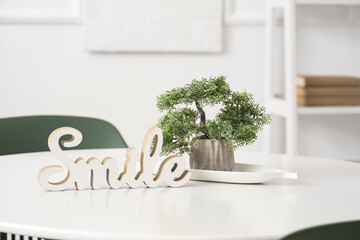 Bonsai tree with decor on table in dining room