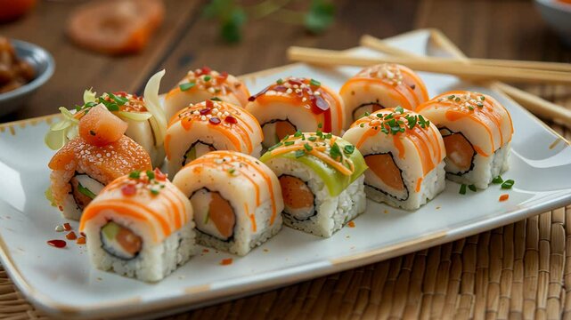 Assorted sushi rolls with salmon and avocado on a white rectangular plate