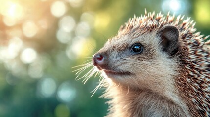 Fototapeta premium Adorable Hedgehog Portrait in Soft Sunlight with a Blurred Green Background