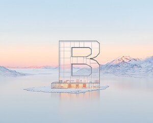 Glass Building Letter B with Frozen Lake.