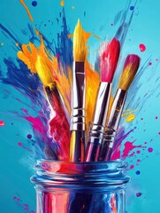 Obraz premium Colorful Paintbrushes in Jar with Paint Splatter Background - Artistic Expression