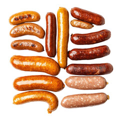 Many smoked sausages isolated on transparent background