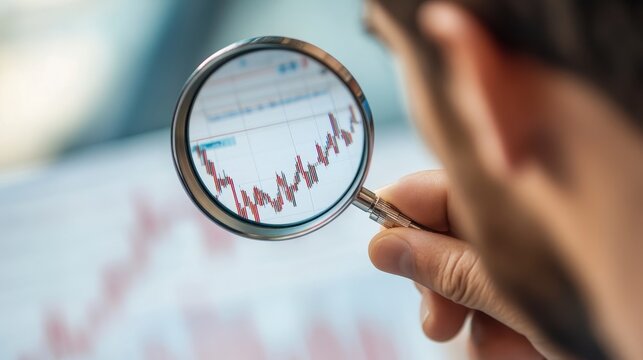 Focus on the Analysis: A close-up view of a man scrutinizing financial charts through a magnifying glass, underscoring the critical aspect of detailed analysis in the realm of business and finance.