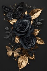 Elegant arrangement depicting black roses golden leaves and butterflies