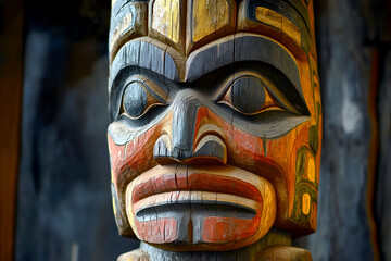 Intricate details of a vibrant totem pole with a carved face revealing a unique representation of indigenous art and culture, displaying the beauty of history and heritage