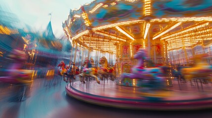 Rotating carousel with colorful horses in motion.