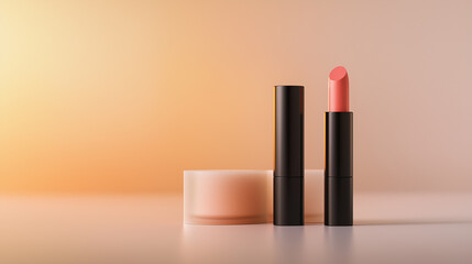 Two lipsticks, one in a coral pink shade and the other in a black shade. the lipsticks are placed side by side on a light pink background.