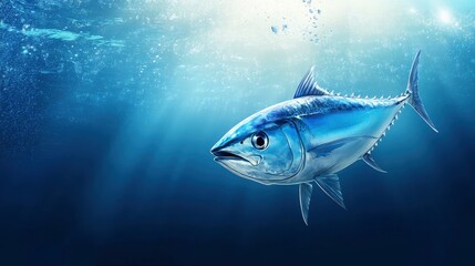 Fototapeta premium Tuna Swimming in Ocean Depth with Sunlight and Water Bubbles
