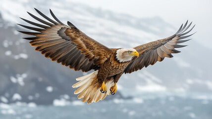 Obraz premium A powerful bald eagle gliding through the open sky