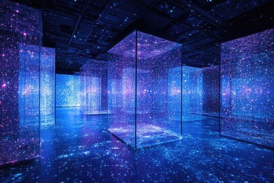 Cosmic cubes exhibit, glowing particles, futuristic interior, night sky projections