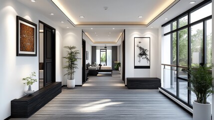 Modern minimalist hallway and bedroom interior