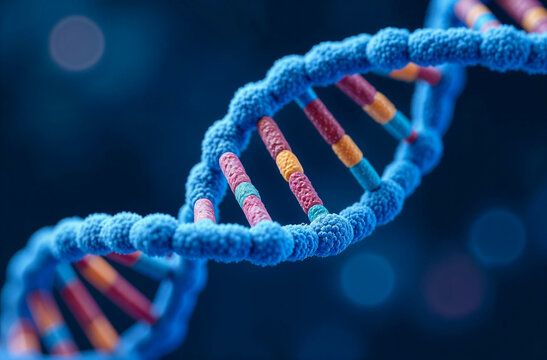 Close-up of a detailed 3D render of a DNA double helix structure