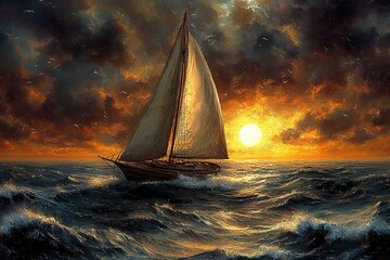 Sailing ship on rough sea at sunset, golden sky, dramatic clouds and waves