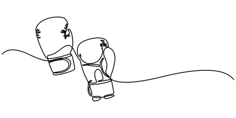 Continuous one line drawing of boxing gloves, Boxing gloves illustration with line style design. Boxing glove in one continuous single line art drawing style isolated on white background, pro vector. 