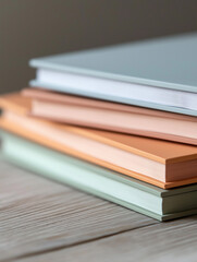Stack of books on a wooden surface. the books are of different colors - one is light blue, one is orange, and one is green.