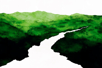 Minimalist landscape illustration of green hills and a winding white river painted in an abstract artistic style
