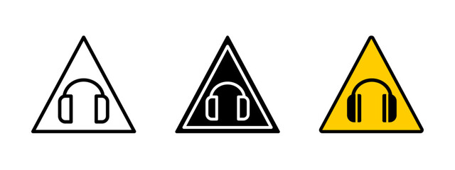 Headphones protection icon. Safety warning sign indicating required hearing protection in high-noise areas. Industrial symbol for noise hazard and workplace security compliance.