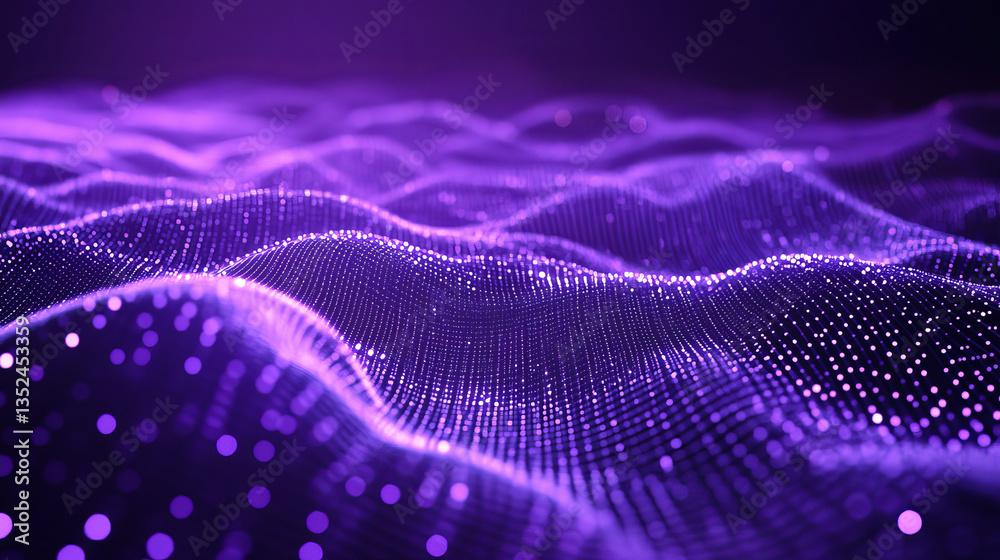 Poster digital cyberspace futuristic, purple color particles wave flowing with lines and dots connection, t