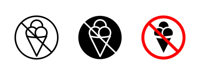 No ice cream icon. Prohibited dessert sign indicating restriction on eating frozen treats in specific areas. Food consumption regulation symbol for dietary or hygiene policies.
