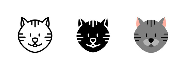 Cat icon. Feline face with whiskers vector illustration. Cute domestic pet symbol. Happy kitty sign. Friendly kitten head pictogram. Cartoon pussycat mascot concept.