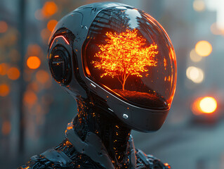 a futuristic astronaut or robot with a transparent helmet that has a small tree growing inside. The tree is surrounded by a glowing orange light, set against a blurred background of an urban skyline 