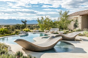 Obraz premium Artistic pool area with sculptural sun loungers and a creatively designed pool landscape.