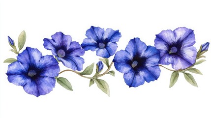Fototapeta premium Watercolor botanical illustration of blue petunias on a white background with detailed floral design