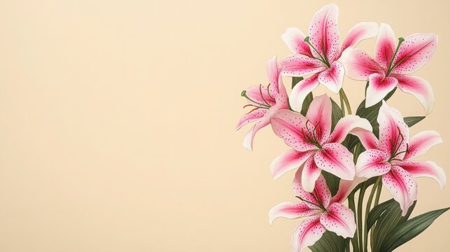 Pink flowers on beige background featuring watercolor botanical illustration of stargazer lily