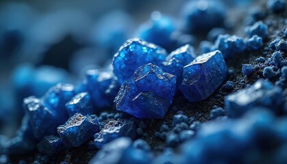 Closeup photo raw cobalt ore rocks. Extracted from cobalt mine. Blue mineral stones on dark ground. Geology, natural resource, earth science concept. Industrial, extraction, raw material.