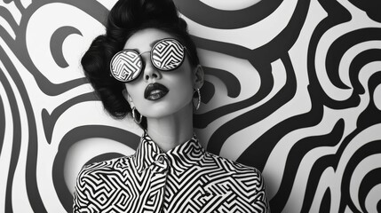 Stylish woman in patterned outfit striking pose