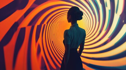 Woman stares into swirling orange light tunnel.