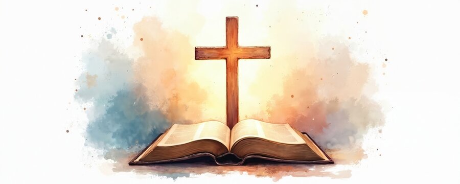 Watercolor illustration depicts cross above open Bible. Symbol of faith, hope, spirituality. Vibrant colors, paint texture, graphic art. Christian religion, worship, god, blessing, gospel, holy.