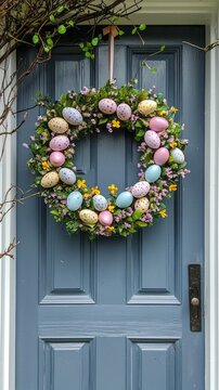 A wreath of Easter eggs hangs on a blue door