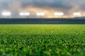 Green Turf Amidst the Storm: Capturing the essence of a stadium, where verdant green turf becomes a canvas for the drama of a rain-soaked game beneath the glow of the stadium lights. 